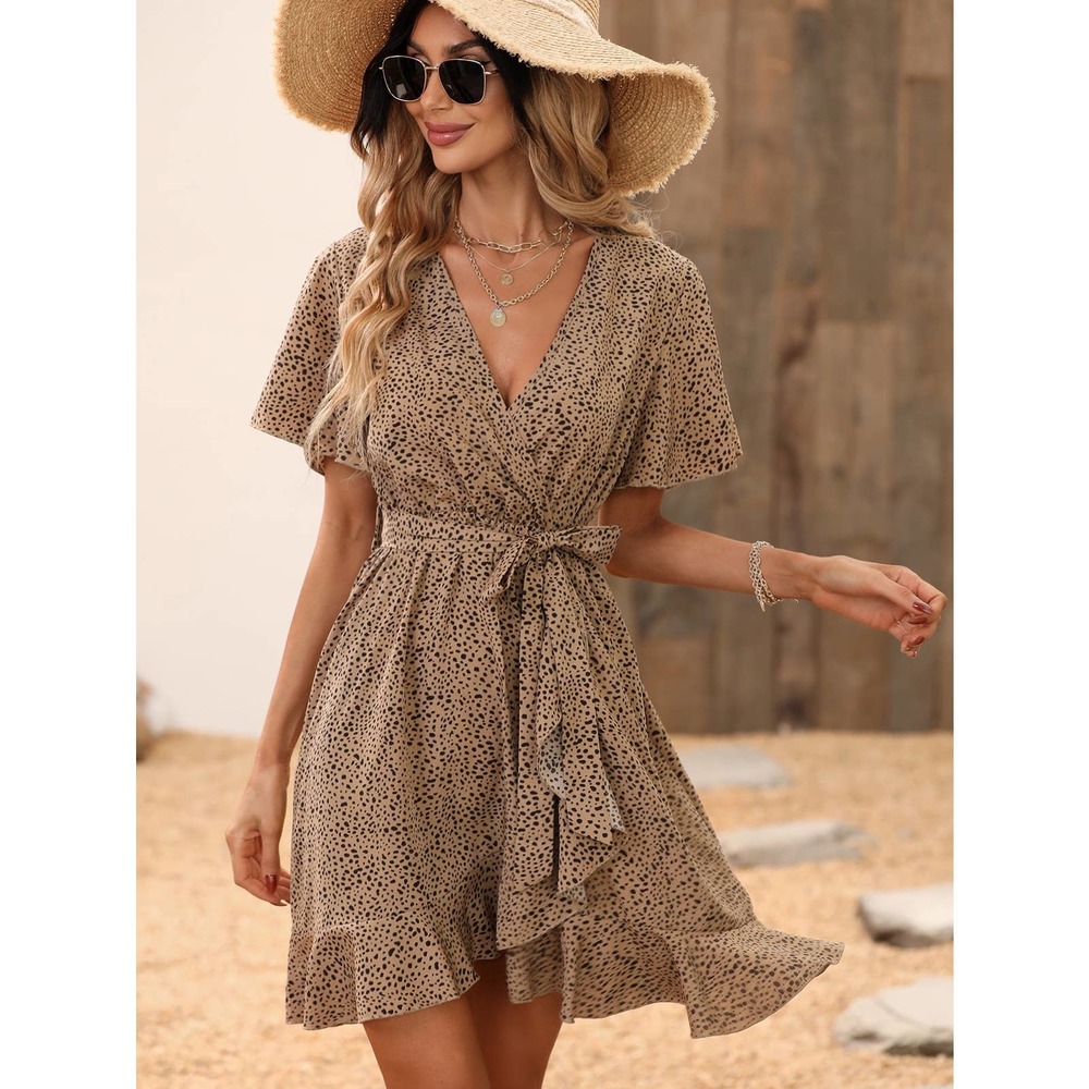 dot Print short Sleeve Ruffle belted Wrap Dress black tan boho